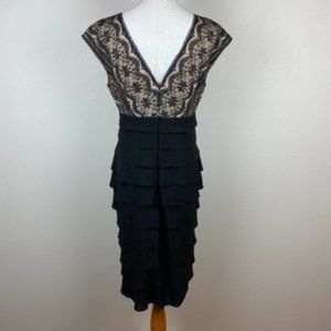 Adrianna Papell Dress 8 Black Sheath Lace Top Ruffle Tiered Knee‎ Length